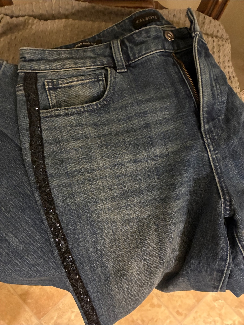 Talbots Blue Denim Jeans with Navy Sequin Side Stripe